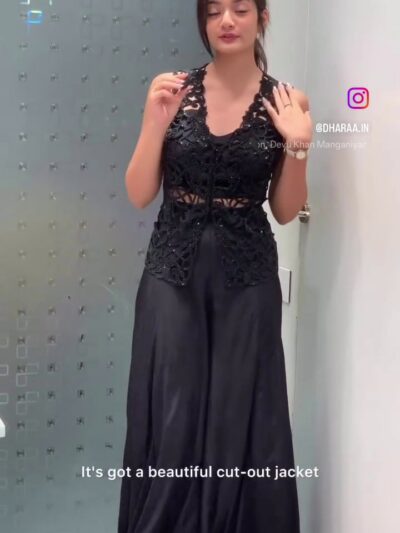 Black Lace Embellished Top & Flared Satin Pants