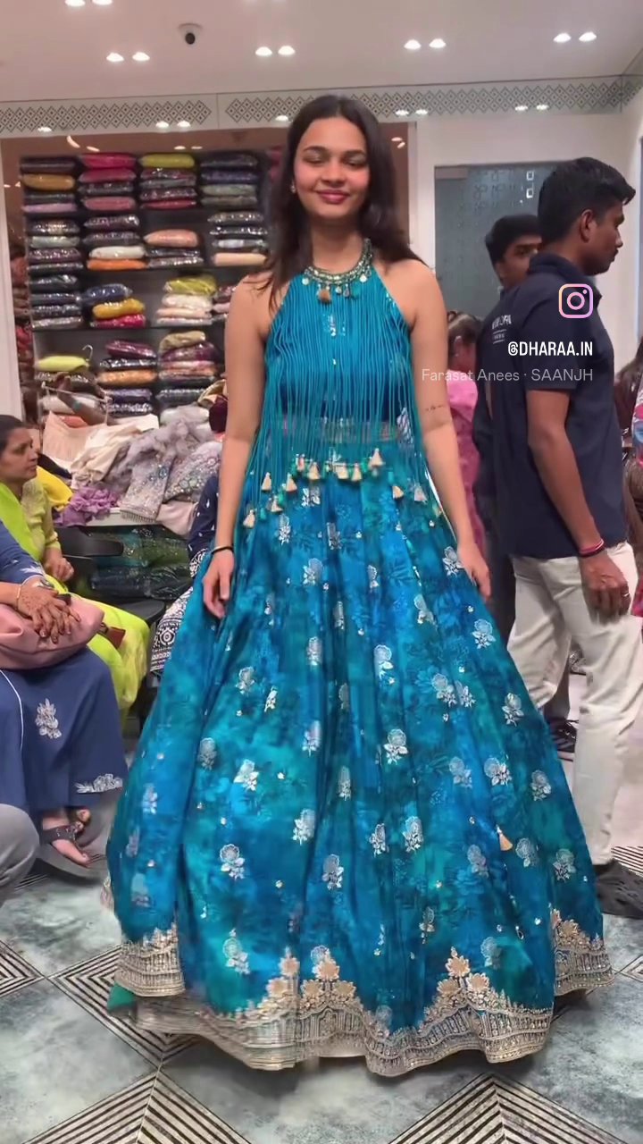 Teal Floral Fringe Lehenga