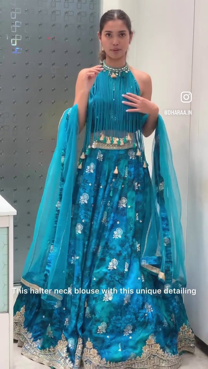 Teal Floral Print Lehenga