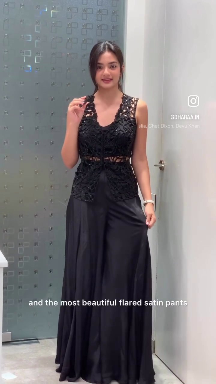 Black Lace Embellished Top & Flared Satin Pants - Image 2