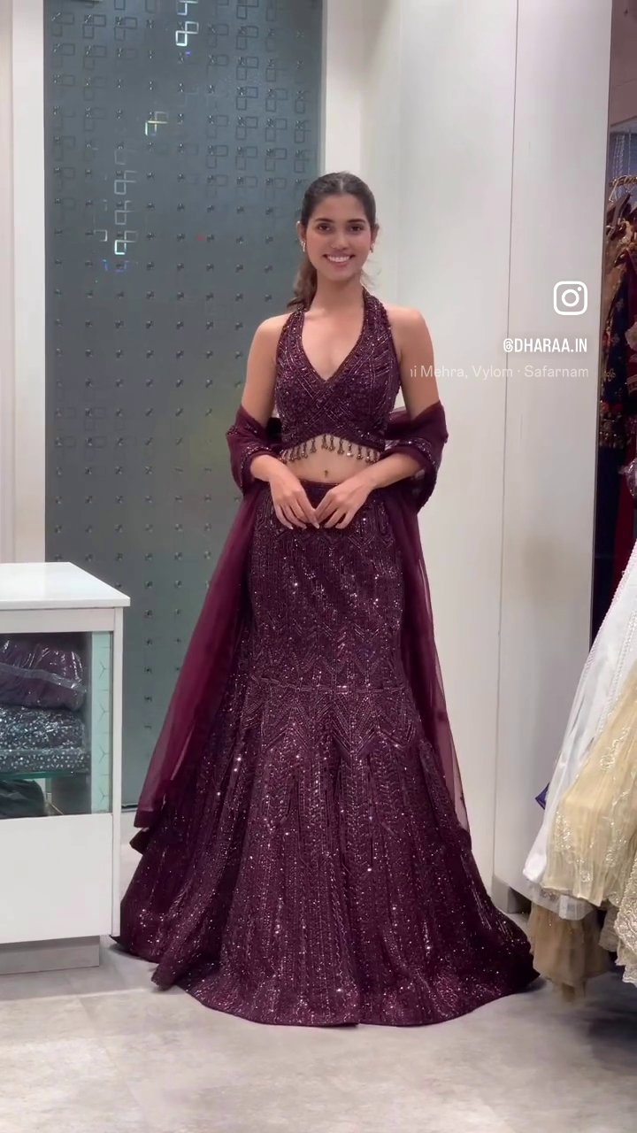 Maroon Sparkle Halter Lehenga - Image 2
