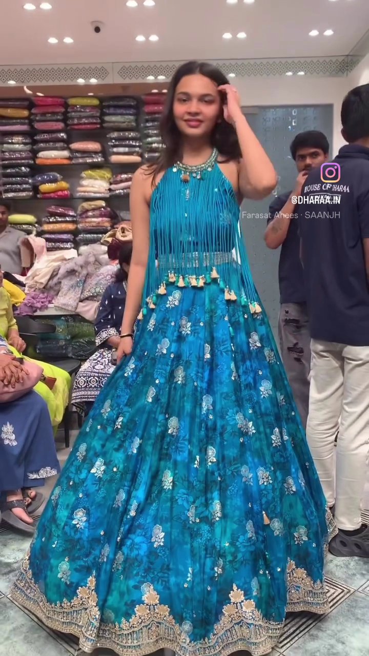 Teal Floral Fringe Lehenga - Image 2