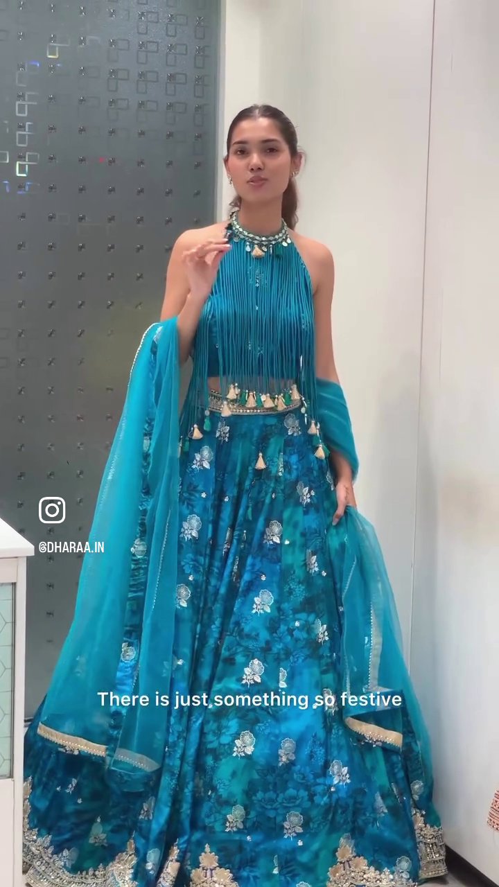 Teal Floral Print Lehenga - Image 2