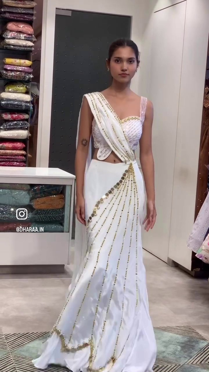 White Embellished Saree Gown