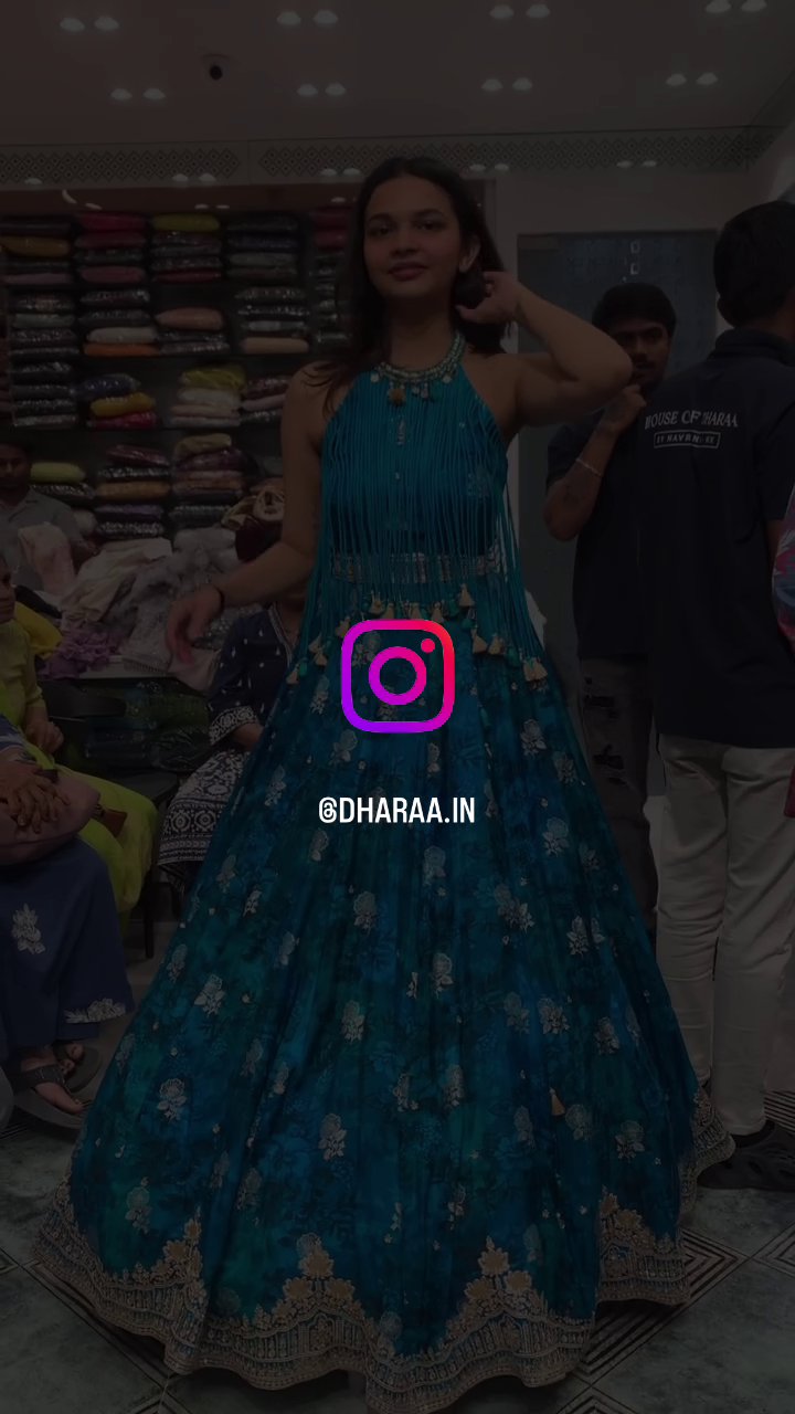 Teal Floral Fringe Lehenga - Image 3