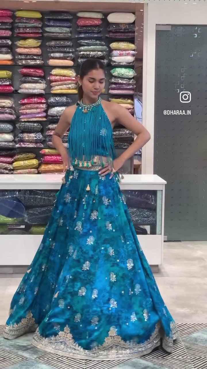Teal Floral Print Lehenga - Image 3