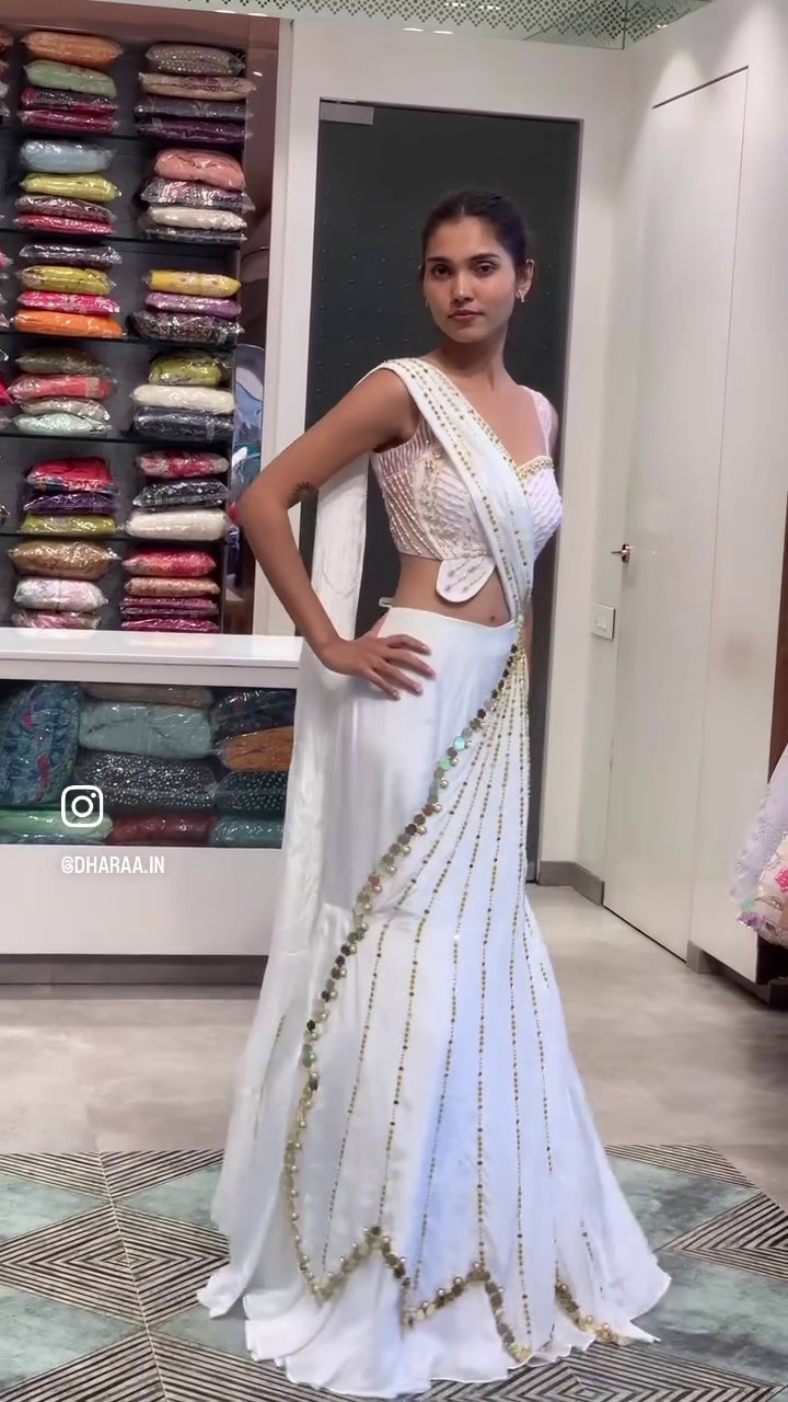 White Embellished Saree Gown - Image 3